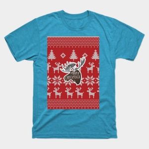 Merry ChrisMOOSE A Christmas design of a moose atop a Christmas sweater backgrou